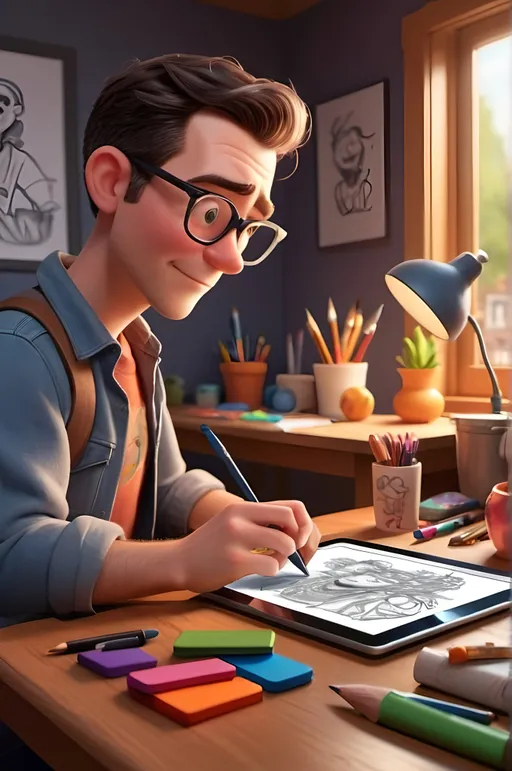 Prompt: Pixar-style 3D illustration of an illustrator drawing on a tablet. The scene features the illustrator focused and engaged, with a stylus in hand, working on a vibrant illustration on the tablet screen. The background is a creative workspace with elements like sketchbooks, art supplies, and inspirational posters. The overall setting should be lively and reflect the artistic process.