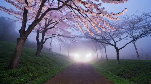 Prompt: Sakura forest on a foggy night.