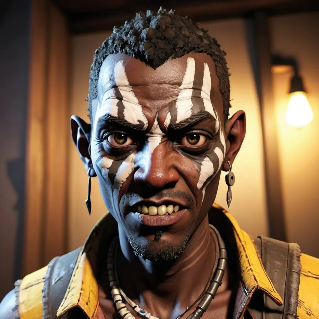 Prompt: drunk looking avatar, black skin, looks like psycho bandit from borderlands.
dangerous look, scary, horrify, 

