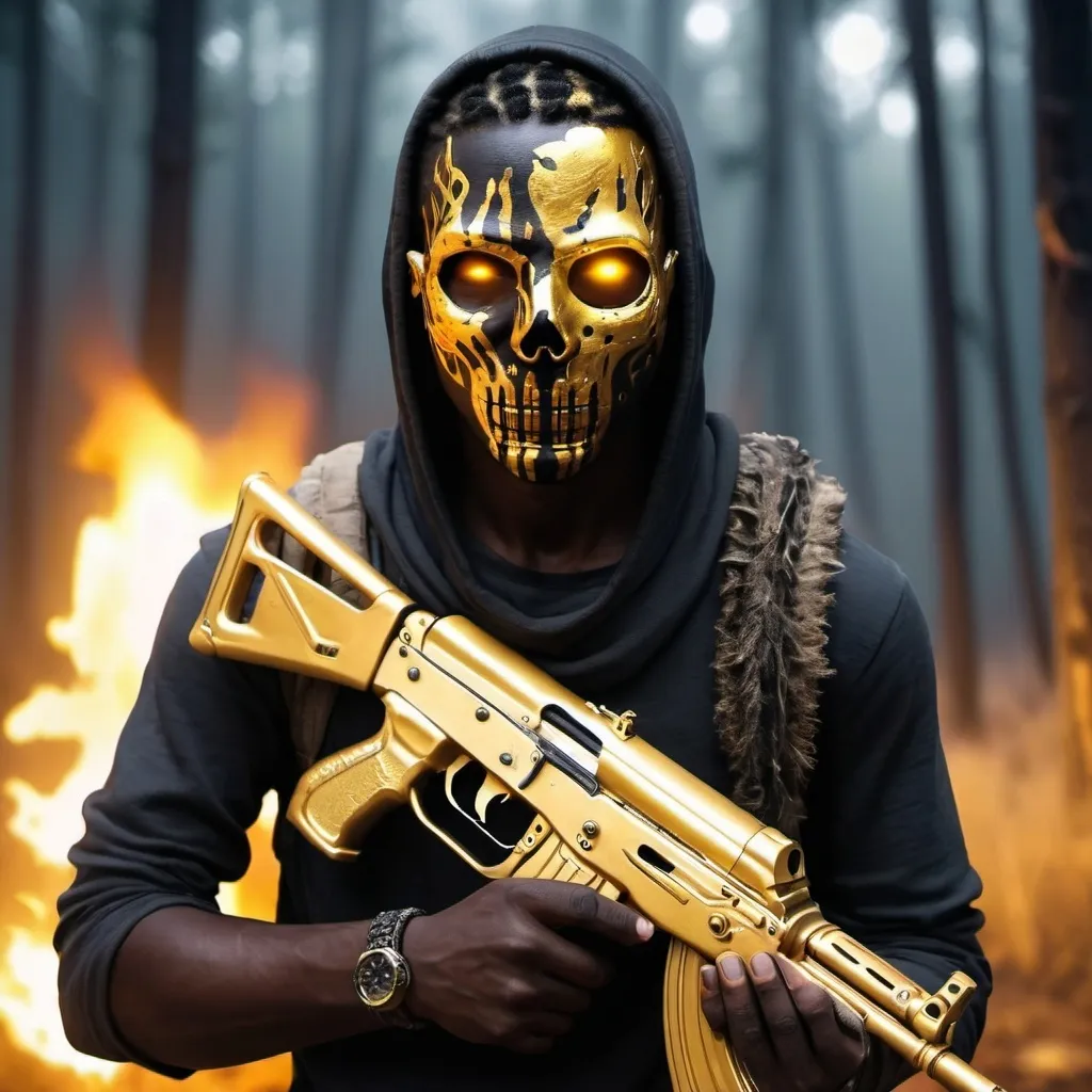 Prompt: An avatar with a golden AK47 in his hand, black skin, with fire in his eyes,  look like the borderlands psycho bandit,  make it look scary, NIGHT FOREST BACKROUND
