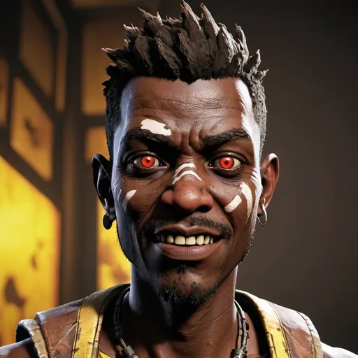 Prompt: drunk looking avatar, black skin, looks like psycho bandit from borderlands

