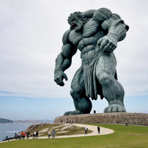 Prompt: A giant monster grabing the Tower of Hercules in A Coruña and pulling it out of the ground like a sword