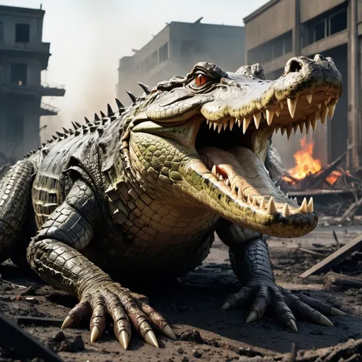 Prompt: A mutant crocodile emerging from the ashes of a post-apocalyptic world