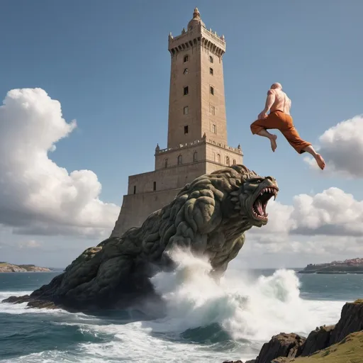 Prompt: A giant monster destroying the Tower of Hercules and jumping to the sea