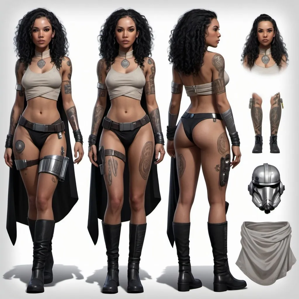 Prompt: hyper realistic character turnaround design sheet lightskin black female jedi in star wars universe, long curly black hair, face tattoos, body tattoos, silver accents, cyberpunk, beautiful, elegant, revealing top, shorts, boots, cape