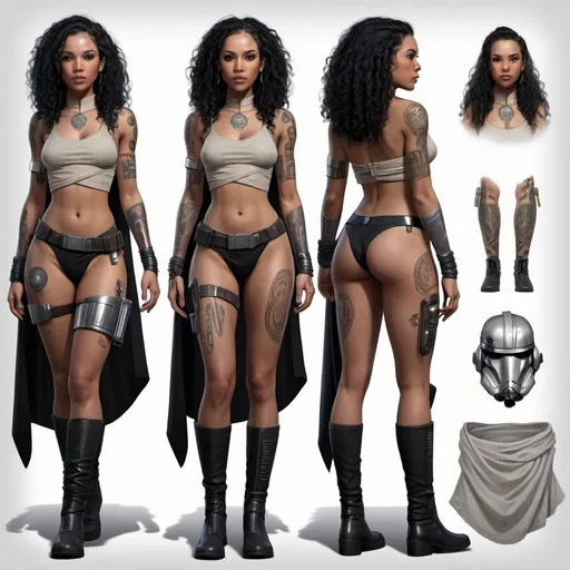 Prompt: hyper realistic character turnaround design sheet lightskin black female jedi in star wars universe, long curly black hair, face tattoos, body tattoos, silver accents, cyberpunk, beautiful, elegant, revealing top, shorts, boots, cape