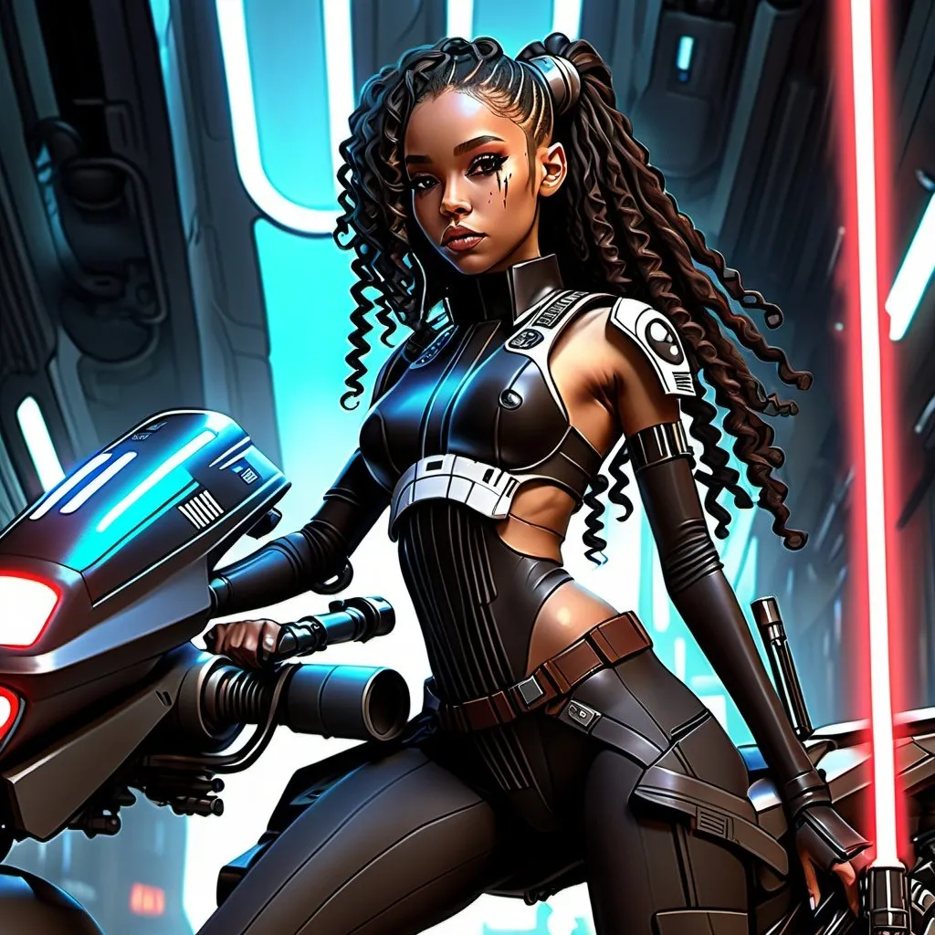 Prompt: Anime cyberpunk style, highly detailed, HD, lightskin black female jedi, star wars, speeder bike, long curly hair