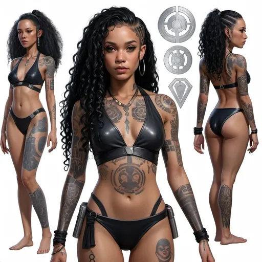 Prompt: hyper realistic character design sheet lightskin black female jedi in star wars universe, long curly black hair, face tattoos, body tattoos, silver accents, cyberpunk, beautiful, elegant, two piece swimsuit