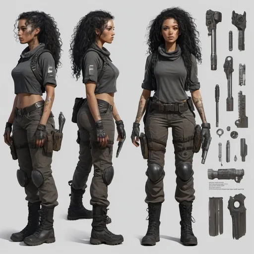 Prompt: hyper realistic character design sheet lightskin black female, post apocalyptic, fantasy, full tactical gear, long black curly hair, chrome, a prosthetic machinery arm, very modest clothing