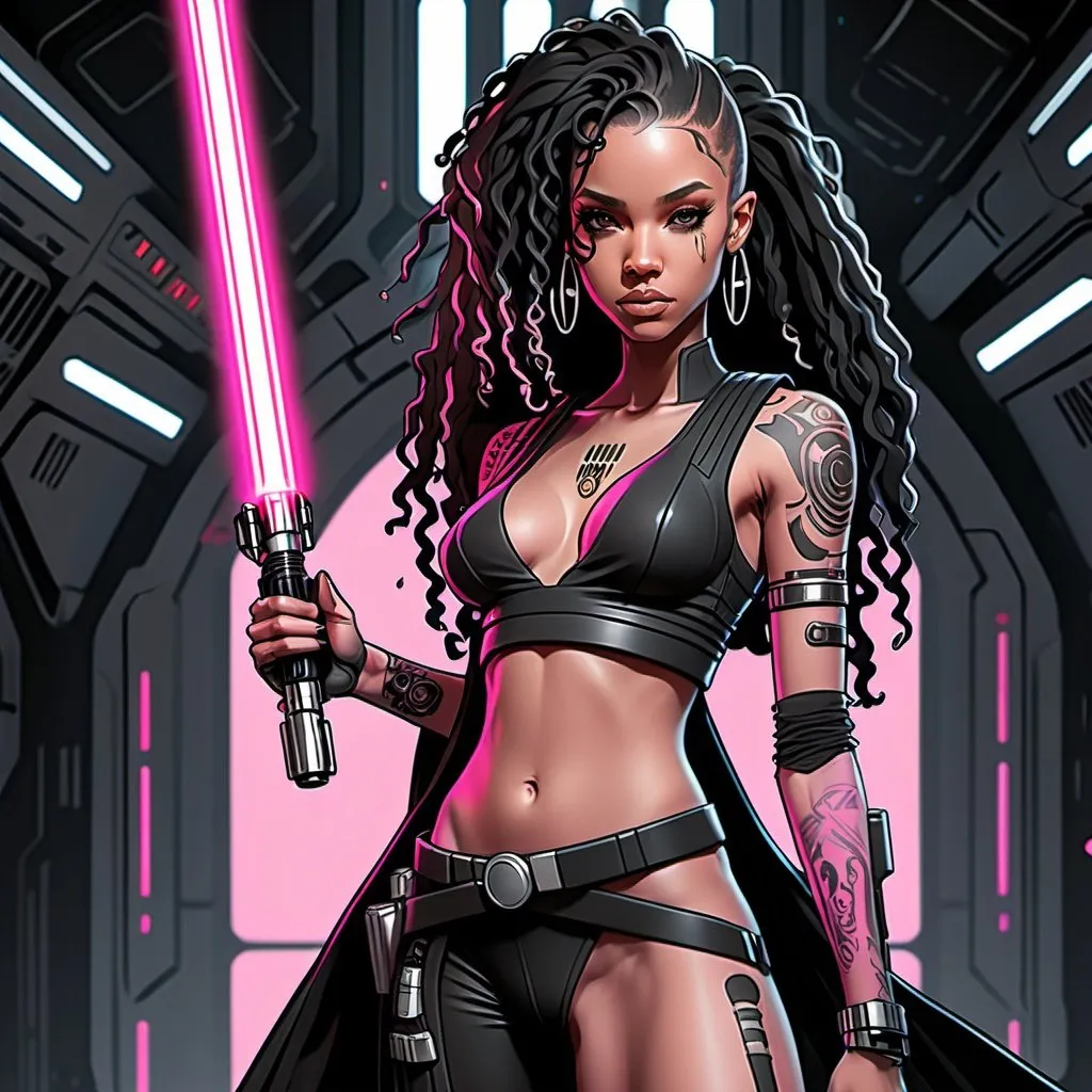 Prompt: Anime cyberpunk style, character design sheet, lightskin black female jedi in star wars universe, very long curly black hair, black tattoos, silver accents, pink lightsaber, highly detailed, HD, star wars background