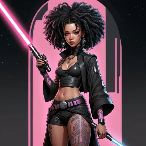 Prompt: Anime cyberpunk style, character design sheet, lightskin black female jedi in star wars universe, very long curly black afro, black tattoos, silver accents, pink lightsaber, highly detailed, HD, star wars background