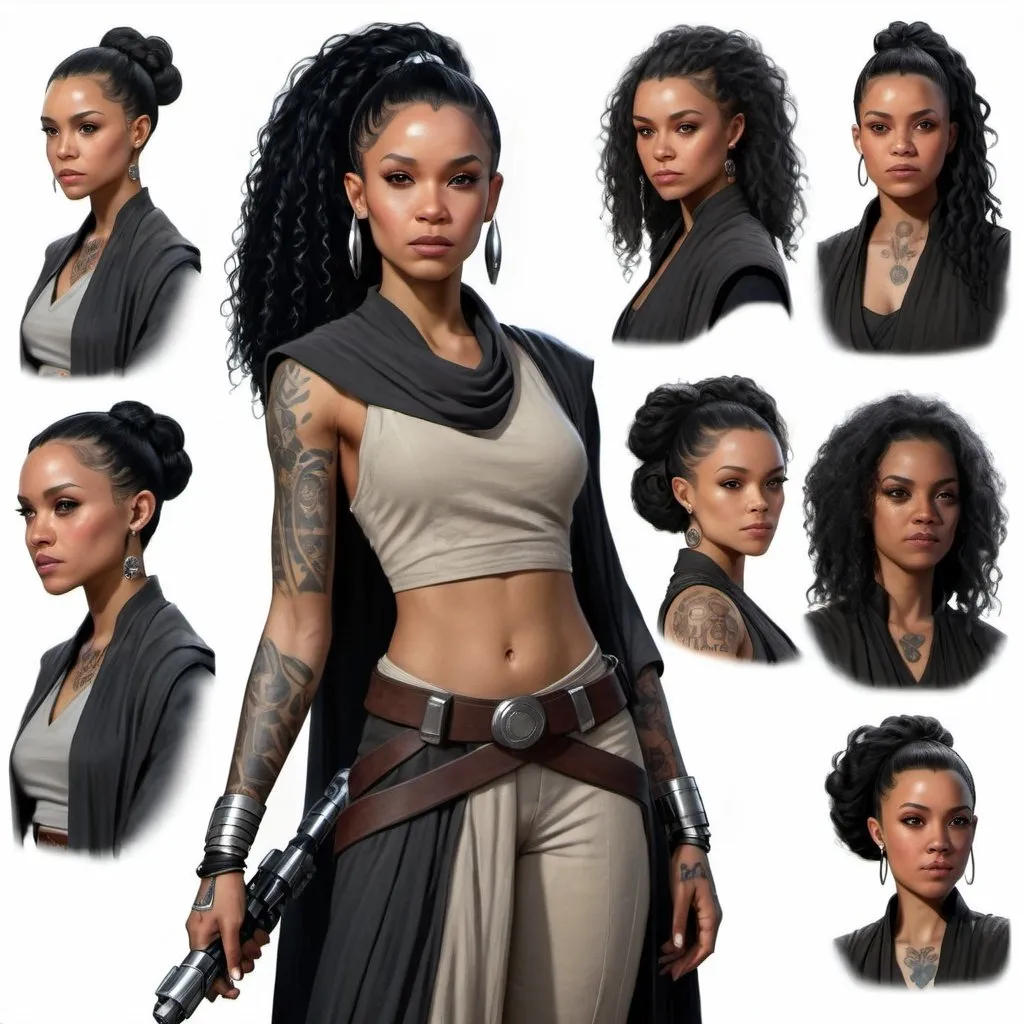 Prompt: hyper realistic character design sheet lightskin black female jedi in star wars universe, long curly black hair, tattoos, silver accents