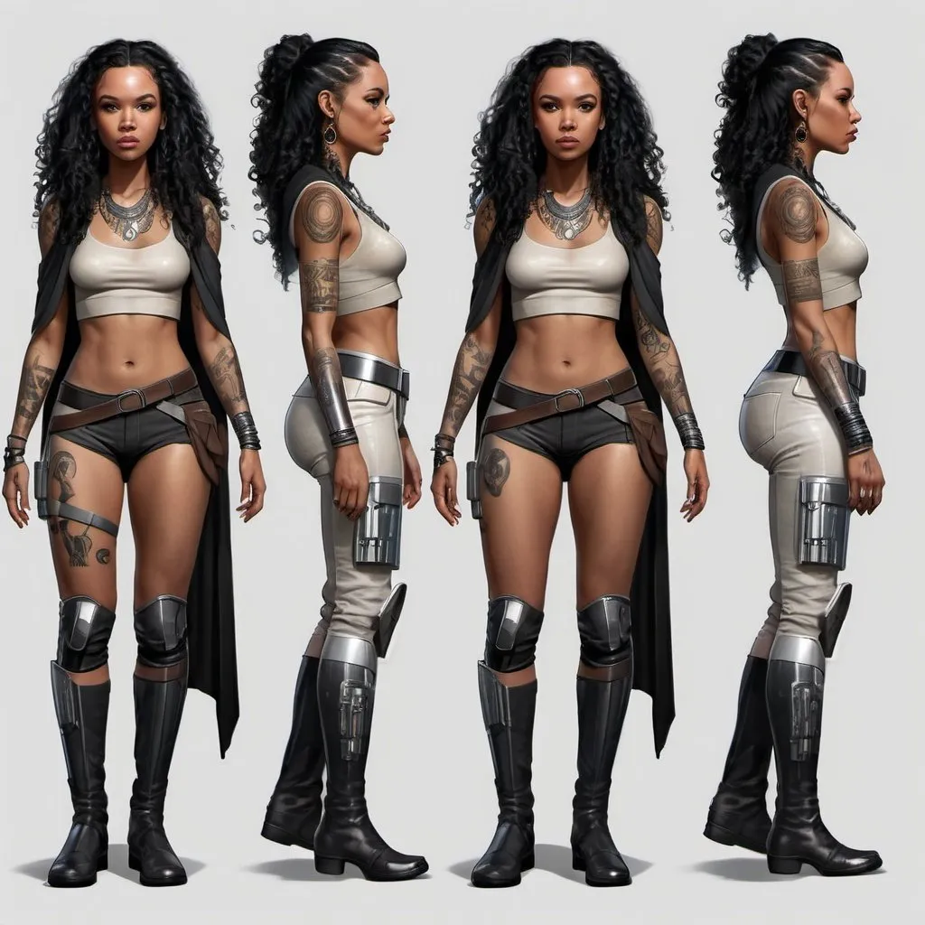 Prompt: hyper realistic character design sheet lightskin black female jedi in star wars universe, long curly black hair, face tattoos, body tattoos, silver accents, beautiful, revealing top, shorts, boots, cape, lightsaber