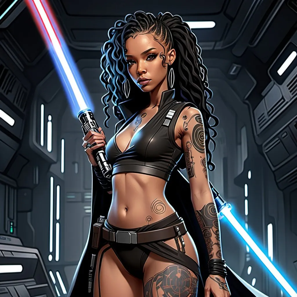 Prompt: Anime cyberpunk style, character design sheet, lightskin black female jedi in star wars universe, very long curly black hair, tattoos, lightsaber, highly detailed, HD, star wars background