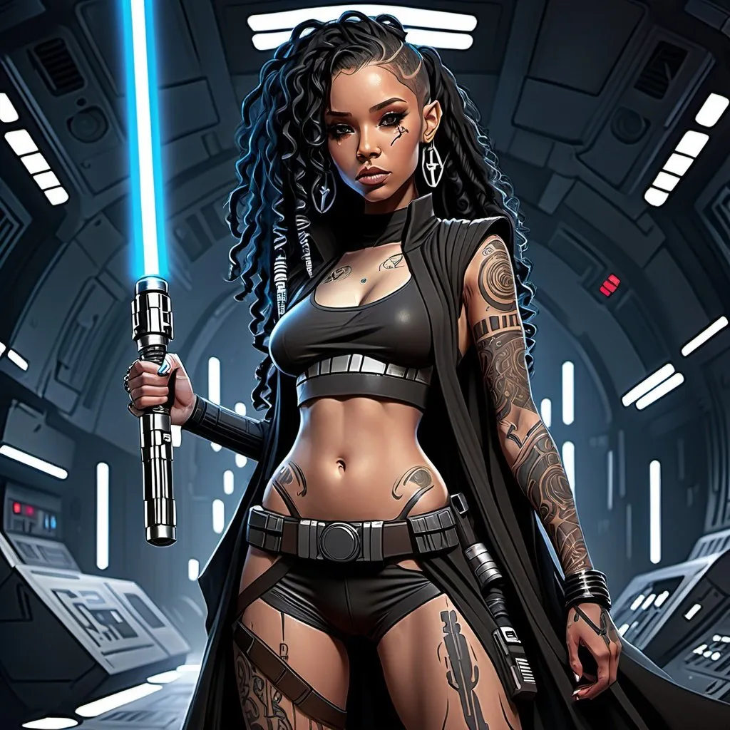 Prompt: Anime cyberpunk style, lightskin black female jedi in star wars universe, long curly black hair, tattoos, lightsaber, highly detailed, HD, star wars background, full body outfit