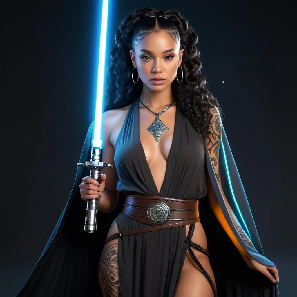 Prompt: HD 4k 3D, 8k, hyper realistic, professional modeling, ethereal galactic jedi princess, beautiful, lightskin black female, glowing skin, very long curly black hair, mythical clothing and jewelry, jedi robe, lightsaber, full body, face tattoo, full body tattoo, Fantasy background, surrounded by ambient divine glow, detailed, elegant, surreal dramatic lighting, majestic, goddesslike aura, star wars universe, full body