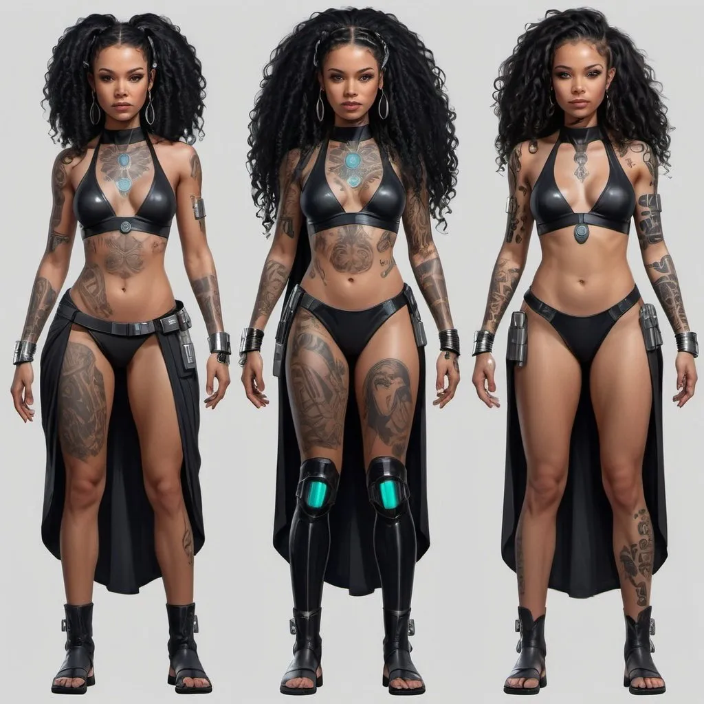 Prompt: hyper realistic character design sheet lightskin black female jedi in star wars universe, long curly black hair, face tattoos, body tattoos, silver accents, cyberpunk, beautiful, elegant, full body, two piece swimsuit