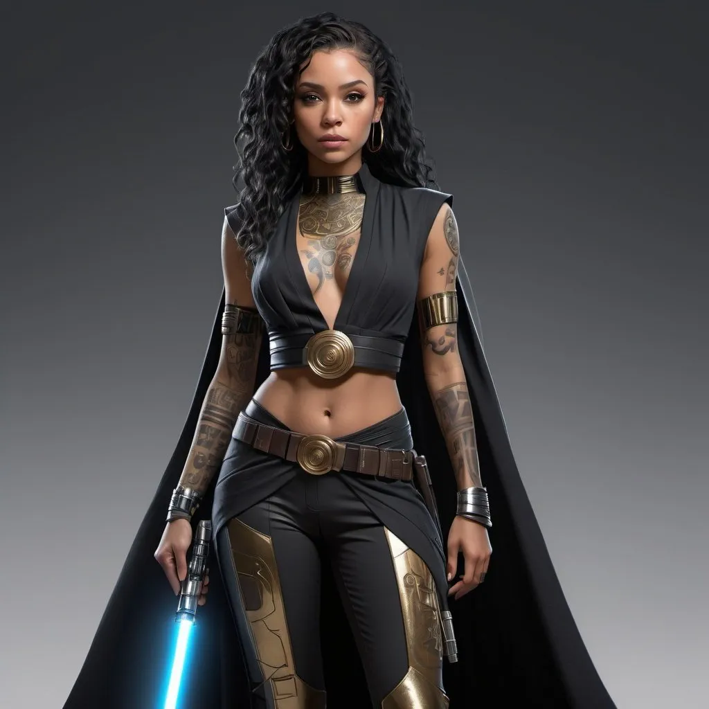 Prompt: HD 4k 3D, 8k, hyper realistic character design sheet lightskin black female jedi in star wars universe, long curly black hair, full body tattoos, silver accents, cyberpunk, beautiful, elegant, full body, gold accents, lightsaber, cape, slightly modest