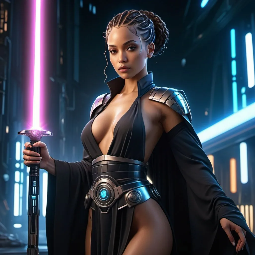 Prompt: Anime cyberpunk style, highly detailed, HD, dark background, 4k 3D 8k professional modeling photo hyper realistic beautiful woman enchanted,  full body surrounded by ambient glow, magical, highly detailed, intricate, outdoor landscape, high fantasy background, elegant, mythical, surreal lighting, majestic, goddesslike aura, Annie Leibovitz style, jedi, star wars, lightsaber, lightskin black woman, glowing robes