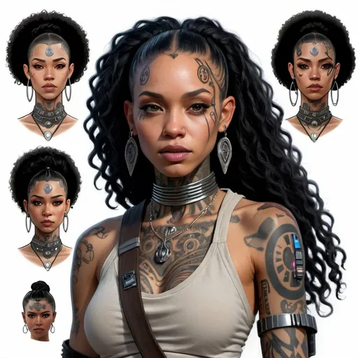 Prompt: hyper realistic character design sheet lightskin black female jedi in star wars universe, long curly black hair, face tattoos, body tattoos, silver accents, cyberpunk 