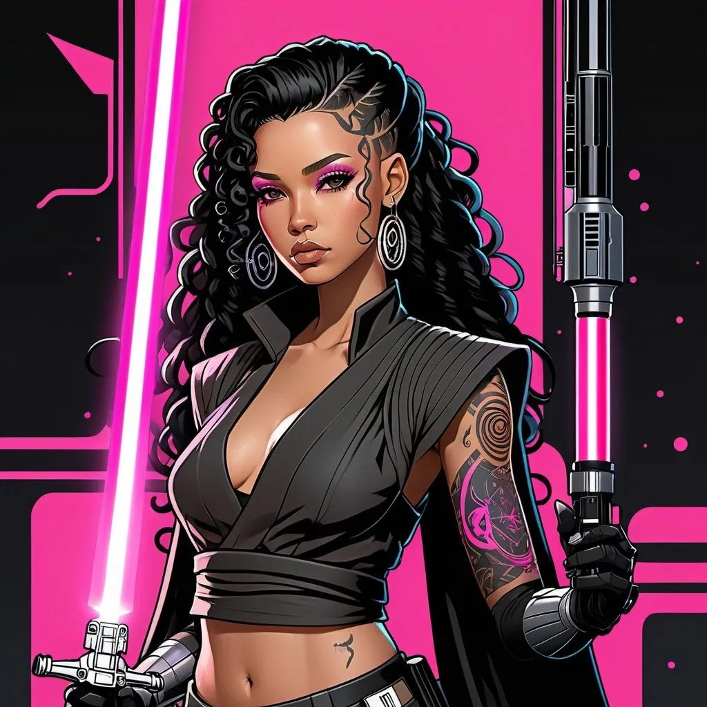 Prompt: Anime cyberpunk style, character design sheet, lightskin black female jedi in star wars universe, very long curly black hair, black tattoos, silver accents, pink lightsaber, highly detailed, HD, star wars background