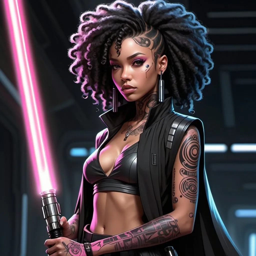 Prompt: Anime cyberpunk style, character design sheet, lightskin black female jedi in star wars universe, very long curly black afro, black tattoos, silver accents, pink lightsaber, highly detailed, HD, star wars background