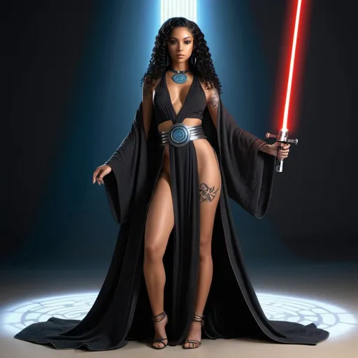 Prompt: HD 4k 3D, 8k, hyper realistic, professional modeling, ethereal galactic jedi princess, beautiful, lightskin black girl, glowing skin, very long curly black hair, mythical clothing and jewelry, jedi robe, lightsaber, full body, face tattoo, full body tattoo, Fantasy setting, surrounded by ambient divine glow, detailed, elegant, surreal dramatic lighting, majestic, goddesslike aura, octane render, star wars universe, full body