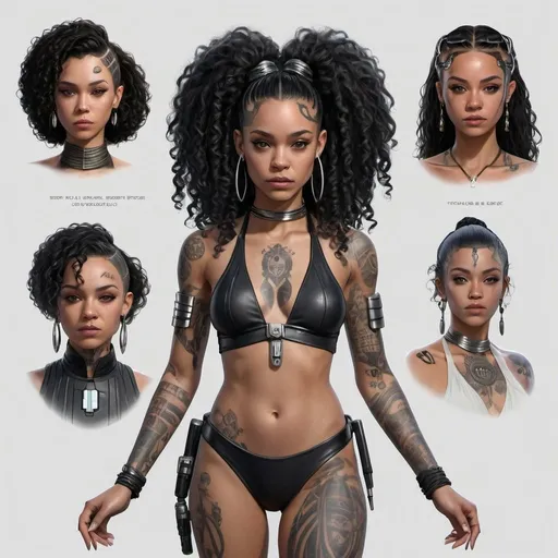 Prompt: hyper realistic character design sheet lightskin black female jedi in star wars universe, long curly black hair, face tattoos, body tattoos, silver accents, cyberpunk, beautiful, elegant, two piece swimsuit