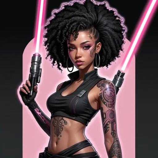 Prompt: Anime cyberpunk style, character design sheet, lightskin black female jedi in star wars universe, very long curly black afro, black tattoos, silver accents, pink lightsaber, highly detailed, HD, star wars background