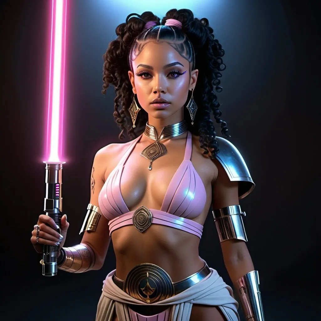 Prompt: HD 4k 3D, 8k, hyper realistic, professional modeling, ethereal galactic jedi princess, beautiful, lightskin mixed black girl, glowing skin, long curly black hair, mythical clothing and jewelry, pink lightsaber, full body, face tattoo, body tattoo, Fantasy setting, surrounded by ambient divine glow, detailed, elegant, surreal dramatic lighting, majestic, goddesslike aura, octane render, star wars universe, full body, gold accents