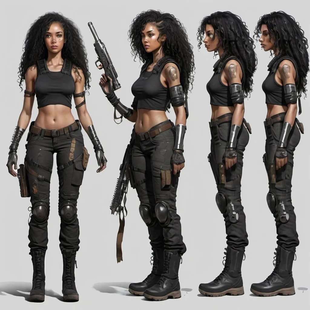 Prompt: hyper realistic character design sheet lightskin black female, post apocalyptic, fantasy, full tactical gear, long black curly hair, chrome, a prosthetic machinery arm, very modest clothing