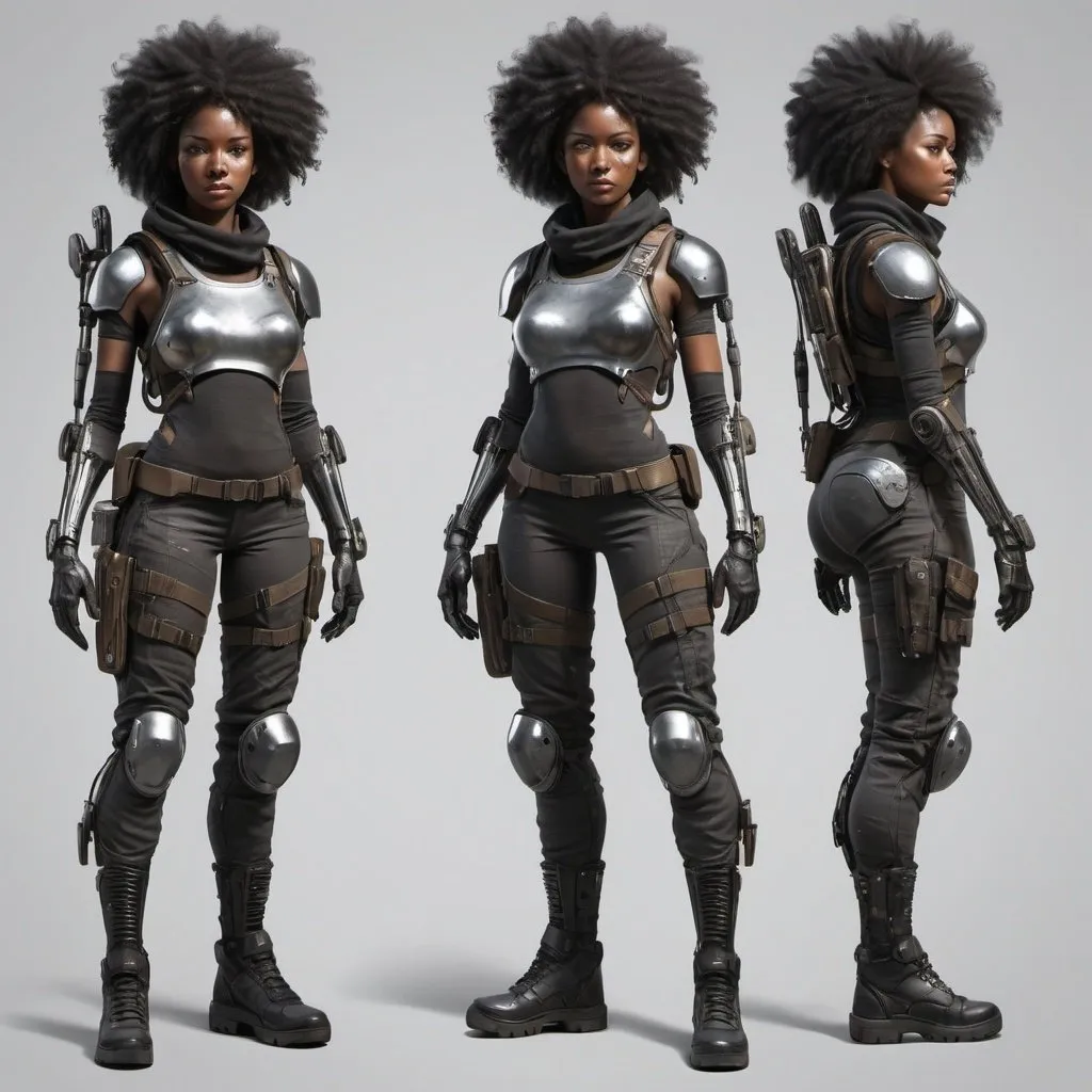 Prompt: detailed turnaround hyper realistic Character design sheet, futuristic, post apocalyptic, fantasy, full tactical gear, afro, black female, chrome, a prosthetic machinery arm, very modest clothing