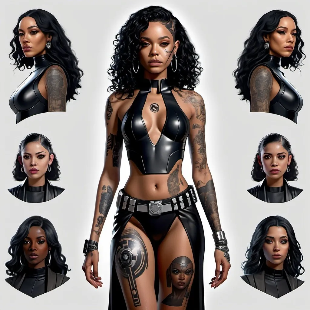 Prompt: hyper realistic character design sheet lightskin black female jedi in star wars universe, long curly black hair, face tattoos, body tattoos, silver accents, cyberpunk, beautiful, elegant, full body