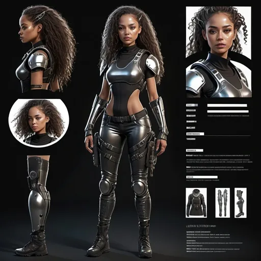 Prompt: detailed hyper realistic Character design sheet, woman, futuristic, post apocalyptic, fantasy tactical clothes, long curly hair, electronic glowing outfit, clothes shining in dark, lightskin black female, chrome, a prosthetic machinery arm, very modest clothing