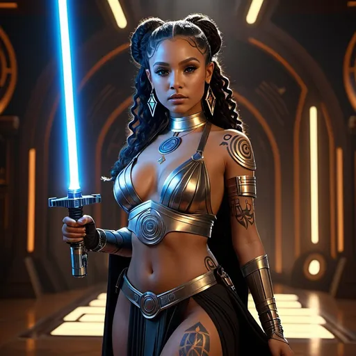 Prompt: HD 4k 3D, 8k, hyper realistic, professional modeling, ethereal galactic jedi princess, beautiful, glowing carmel skin, lightskin black female, long curly highlighted hair, mythical clothing and jewelry, lightsaber, full body, face tattoo, body tattoo, Fantasy setting, detailed background, surrounded by ambient divine glow, detailed, elegant, surreal dramatic lighting, majestic, goddesslike aura, octane render, star wars universe, young 23 year old woman