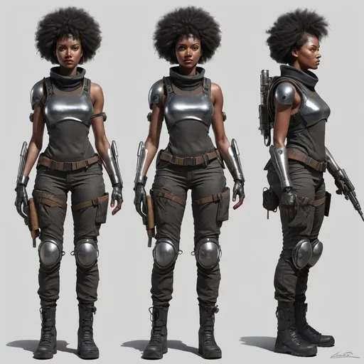 Prompt: detailed turnaround hyper realistic Character design sheet, futuristic, post apocalyptic, fantasy, full tactical gear, afro, black female, chrome, a prosthetic machinery arm, very modest clothing, quarter staff weapon