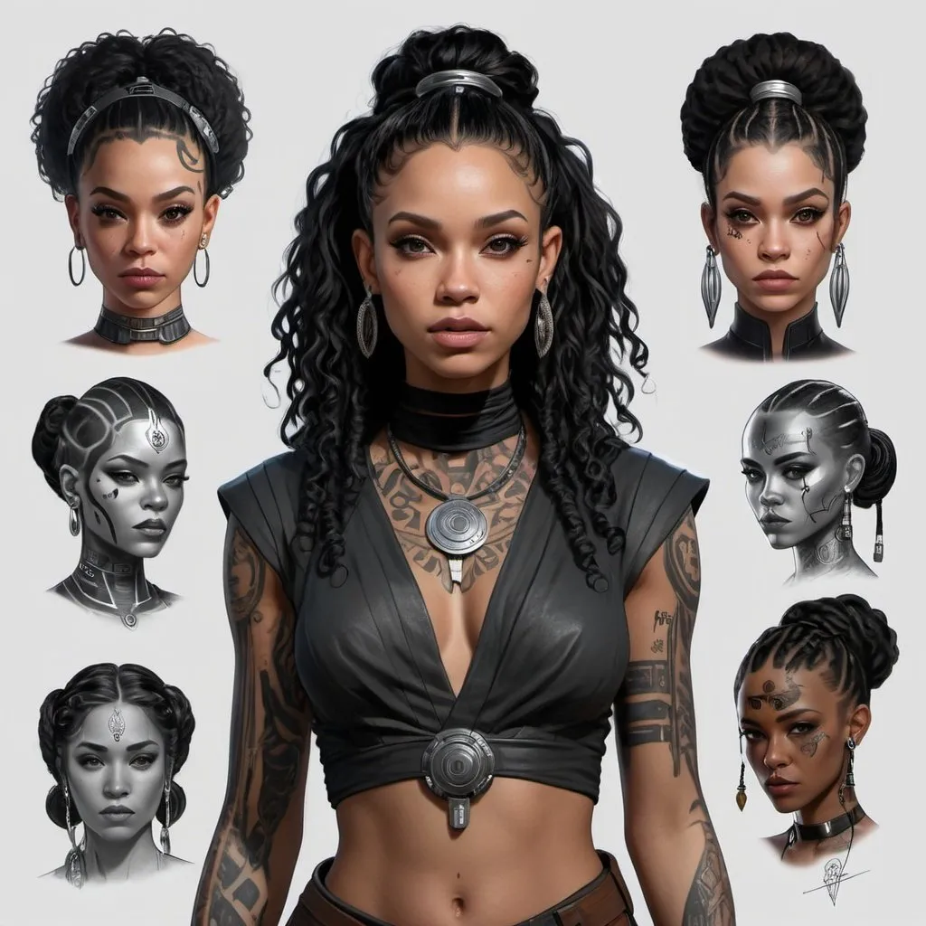 Prompt: hyper realistic character design sheet lightskin black female jedi in star wars universe, long curly black hair, face tattoos, body tattoos, silver accents, cyberpunk, beautiful, elegant