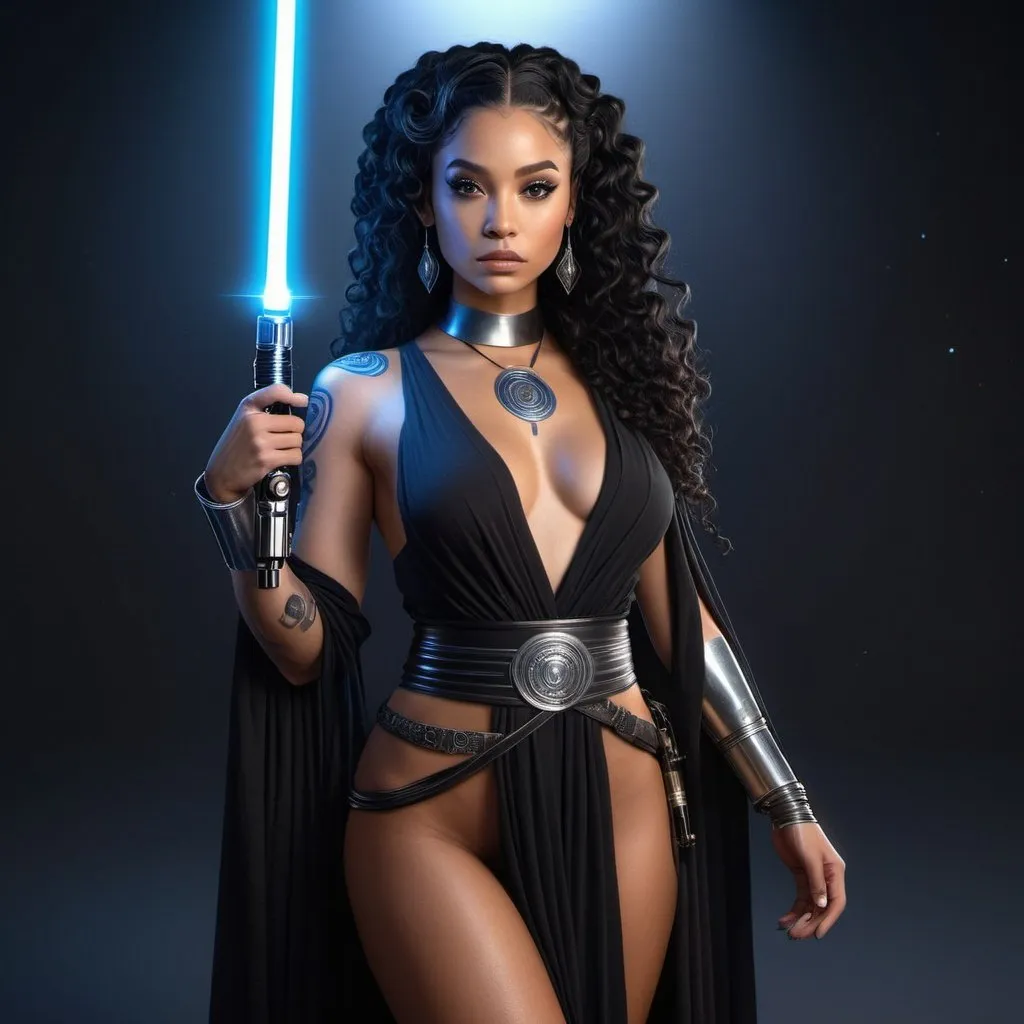 Prompt: HD 4k 3D, 8k, hyper realistic, professional modeling, ethereal galactic jedi princess, beautiful, lightskin black female, glowing skin, very long curly black hair, mythical clothing and jewelry, lightsaber, full body, face tattoo, full body tattoo, Fantasy background, surrounded by ambient divine glow, detailed, elegant, surreal dramatic lighting, majestic, goddesslike aura, star wars universe, full body