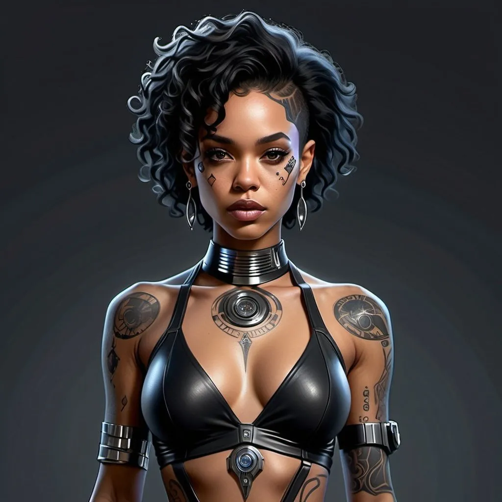 Prompt: hyper realistic character design sheet lightskin black female jedi in star wars universe, long curly black hair, face tattoos, body tattoos, silver accents, cyberpunk, beautiful, elegant, full body