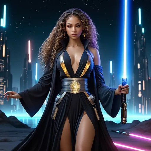 Prompt: Anime cyberpunk style, highly detailed, HD, dark background, 4k 3D 8k professional modeling photo hyper realistic beautiful woman enchanted,  full body surrounded by ambient glow, magical, highly detailed, intricate, outdoor landscape, high fantasy background, elegant, mythical, surreal lighting, majestic, goddesslike aura, Annie Leibovitz style, jedi, star wars, lightsaber, lightskin black woman, glowing robes, long curly hair
