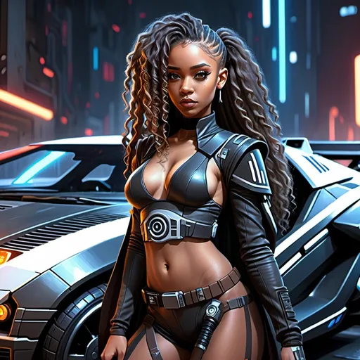 Prompt: Anime cyberpunk style, highly detailed, HD, lightskin black female jedi, romantic, star wars, speeder car, long curly hair