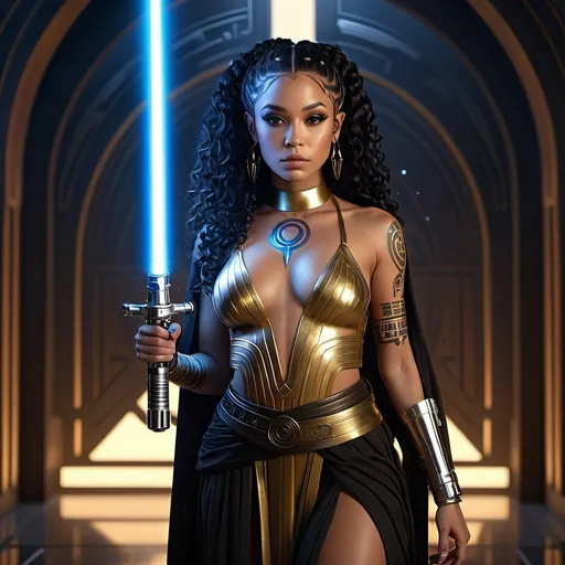 Prompt: HD 4k 3D, 8k, hyper realistic, ethereal galactic jedi princess, beautiful, lightskin black female, glowing skin, very long curly black hair, lightsaber, full body, face tattoo, full body tattoo, Fantasy background, surrounded by ambient divine glow, detailed, elegant, surreal dramatic lighting, majestic, goddesslike aura, star wars universe, full body, gold