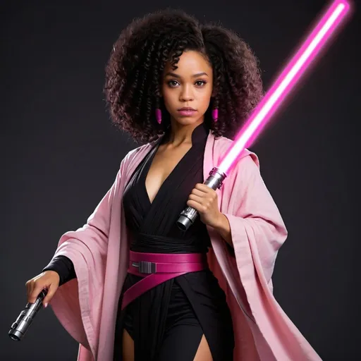 Prompt: lightskin black female jedi in the star wars universe. she has a pink lightsaber. and big curly black hair.