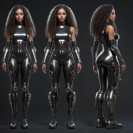 Prompt: detailed hyper realistic Character design sheet, woman, futuristic, post apocalyptic, fantasy clothes, long curly hair, electronic glowing outfit, clothes shining in dark, lightskin black female, chrome, one prosthetic machinery arm, modest clothing