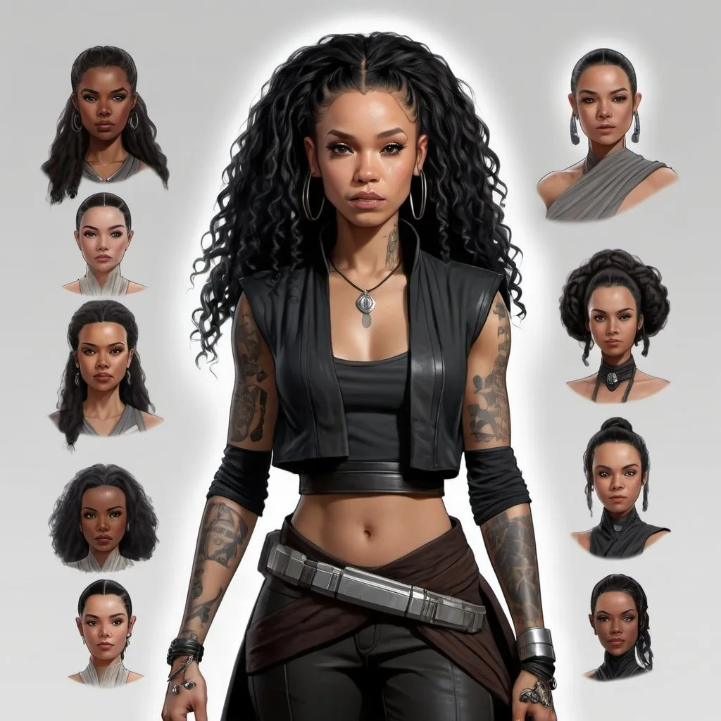 Prompt: hyper realistic character design sheet lightskin black female jedi in star wars universe, long curly black hair, tattoos, silver accents 