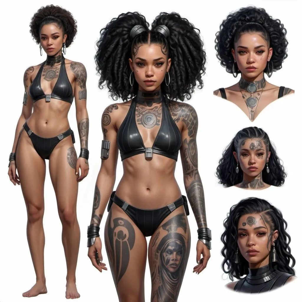 Prompt: hyper realistic character design sheet lightskin black female jedi in star wars universe, long curly black hair, face tattoos, body tattoos, silver accents, cyberpunk, beautiful, elegant, two piece swimsuit