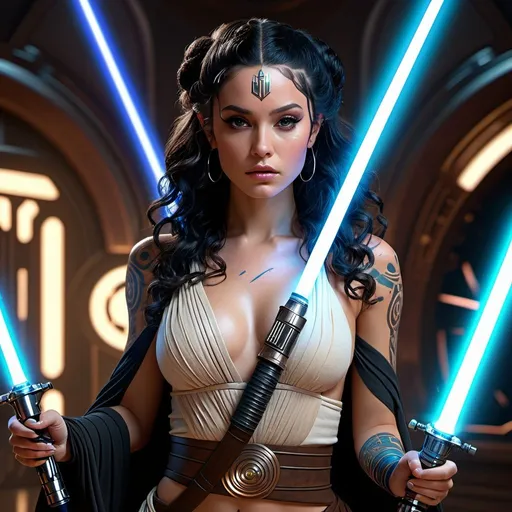 Prompt: HD 4k 3D, 8k, hyper realistic, professional modeling, ethereal galactic jedi princess, beautiful, glowing beige skin, long curly black hair, mythical clothing and jewelry, lightsaber, full body, face tattoo, body tattoo, Fantasy setting, surrounded by ambient divine glow, detailed, elegant, surreal dramatic lighting, majestic, goddesslike aura, octane render, star wars universe