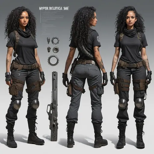 Prompt: hyper realistic character design sheet lightskin black female, post apocalyptic, fantasy, full tactical gear, long black curly hair, chrome, a prosthetic machinery arm, very modest clothing