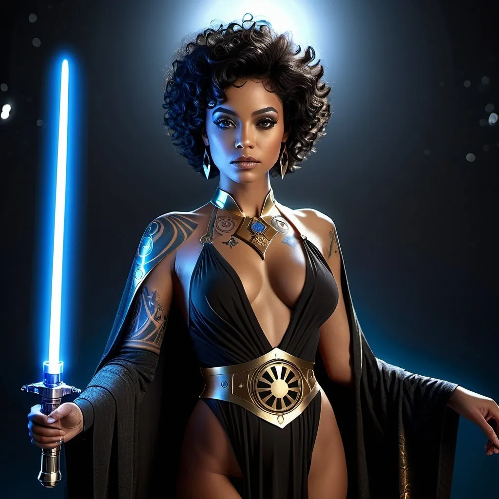 Prompt: HD 4k 3D, 8k, hyper realistic, professional modeling, ethereal galactic jedi princess, beautiful, lightskin mixed black girl, glowing skin, long curly black hair, mythical clothing and jewelry, jedi robe, lightsaber, full body, face tattoo, body tattoo, Fantasy setting, surrounded by ambient divine glow, detailed, elegant, surreal dramatic lighting, majestic, goddesslike aura, octane render, star wars universe, full body, gold accents