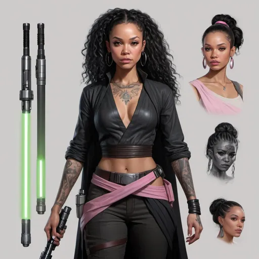 Prompt: hyper realistic character design sheet, lightskin black female jedi in star wars universe, very long curly black hair, black tattoos, silver accents, pink lightsaber